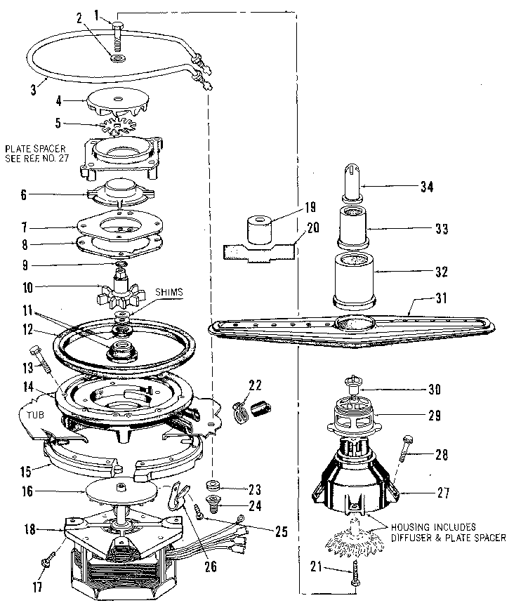 Kenmore 5871717586 motor, heater, and spray arm diagram