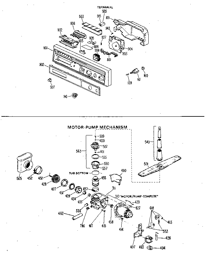 GE GSM603L-03 control panel and motor-pump assembly diagram