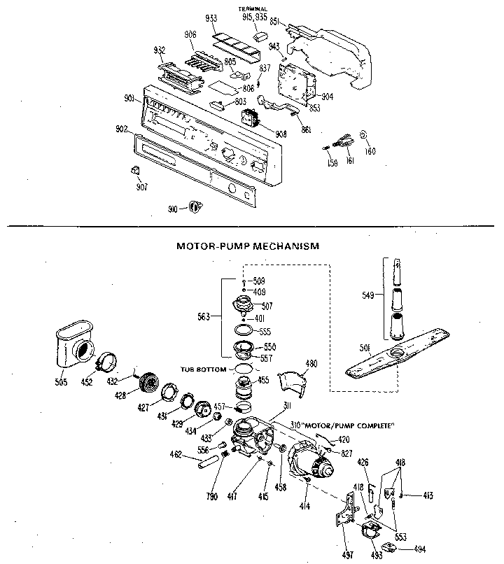 GE GSD640L-03 control panel and motor-pump assembly diagram