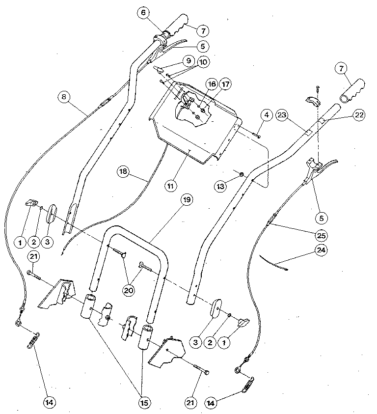 Troybilt TRAILBLAZER Y0000100 AND UP handlebars, control levers, and throttle lever diagram