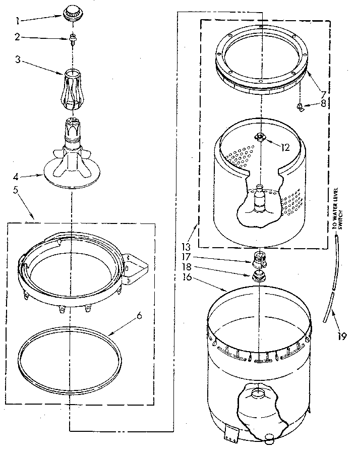 Whirlpool LA5300XSG1 agitator, basket and tub diagram