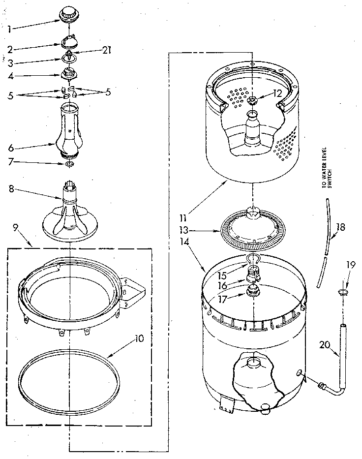 Whirlpool LA5580XSF2 agitator, basket and tub diagram