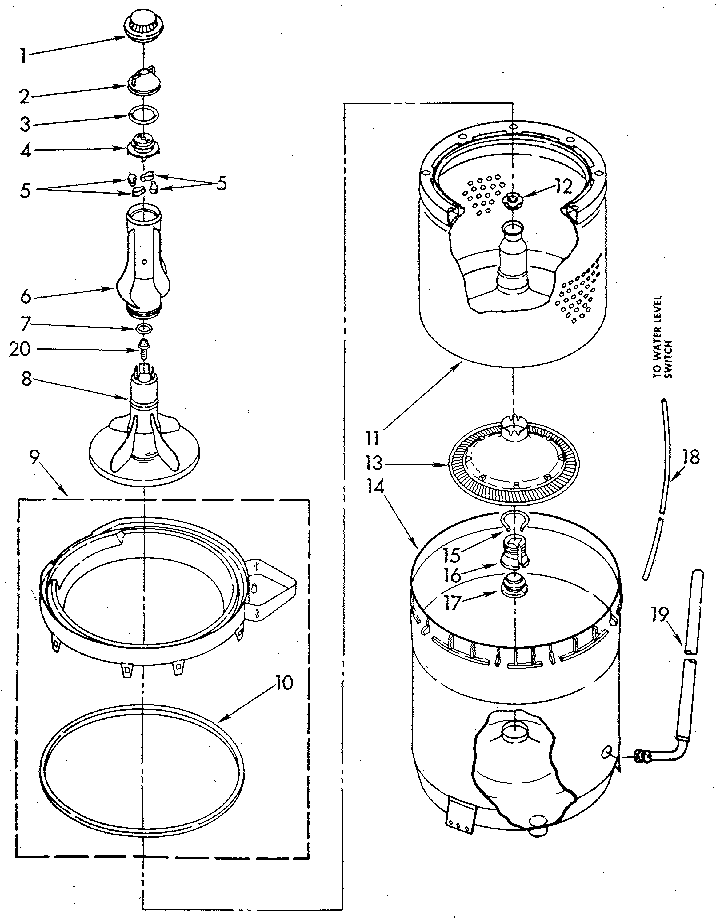 Whirlpool LA5580XSM3 agitator, basket and tub diagram