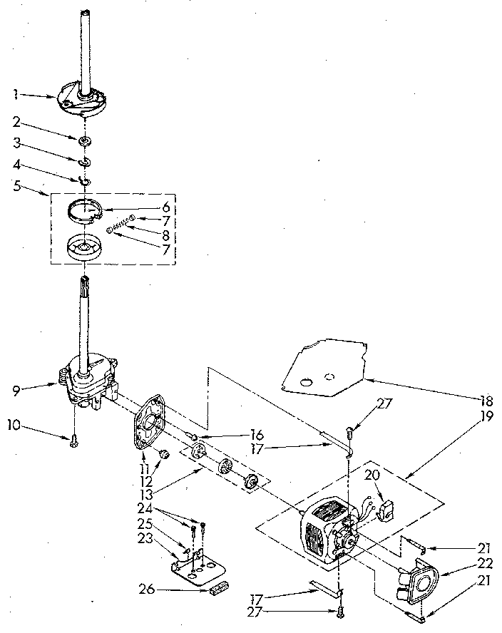 Whirlpool LA5580XSM3 brake, clutch, gearcase, motor and pump diagram