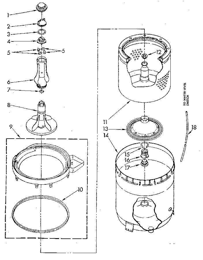 Whirlpool LA5580XSN1 agitator, basket and tub diagram