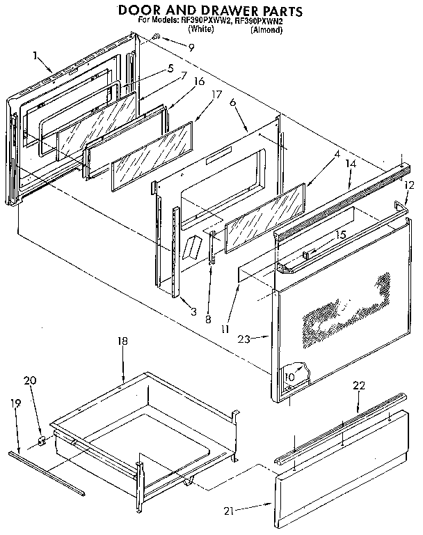 Whirlpool RF390PXWN2 door and drawer diagram