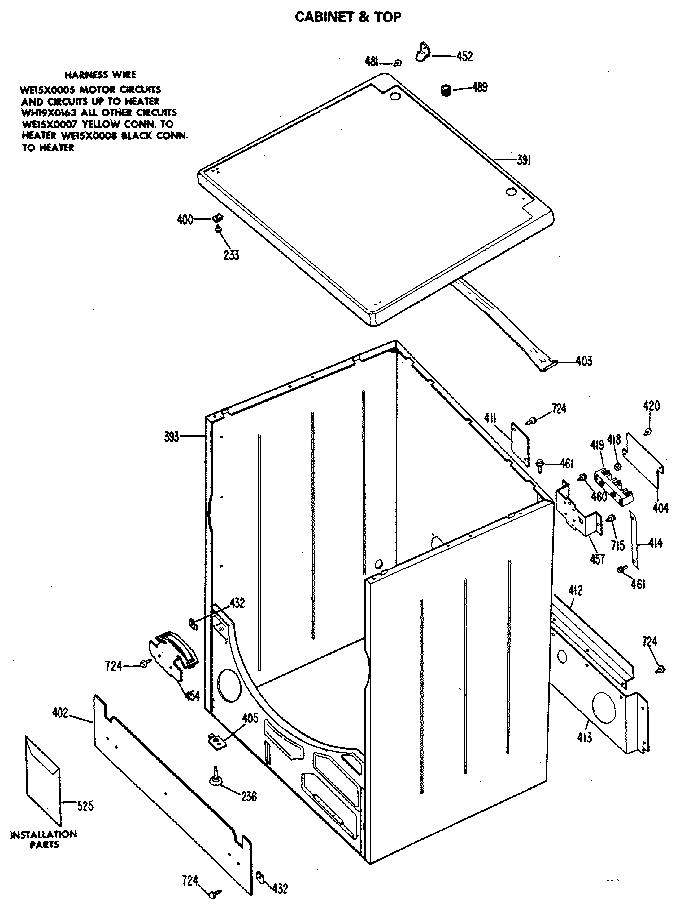 GE DDE7206MAL cabinet and top diagram