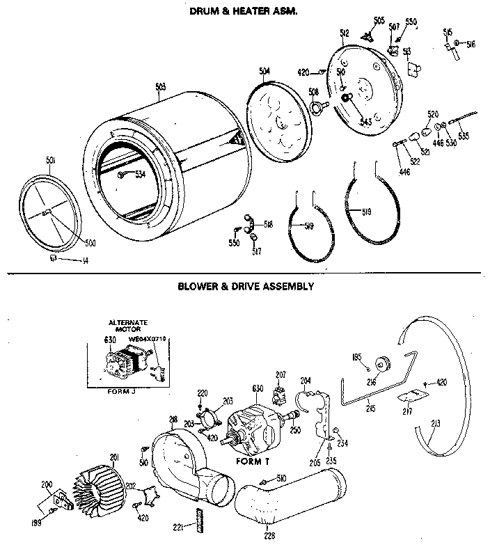 GE DDE7206MAL drum/heater/blower and drive diagram
