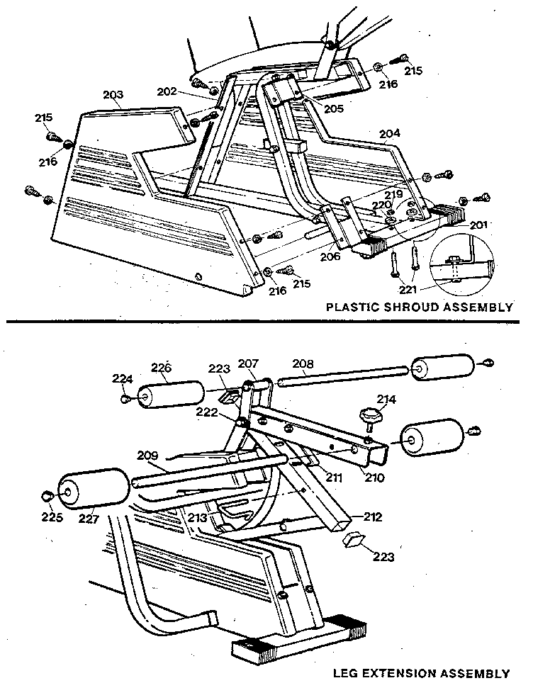 Weider D-700S plastic shroud & leg extension assembly diagram