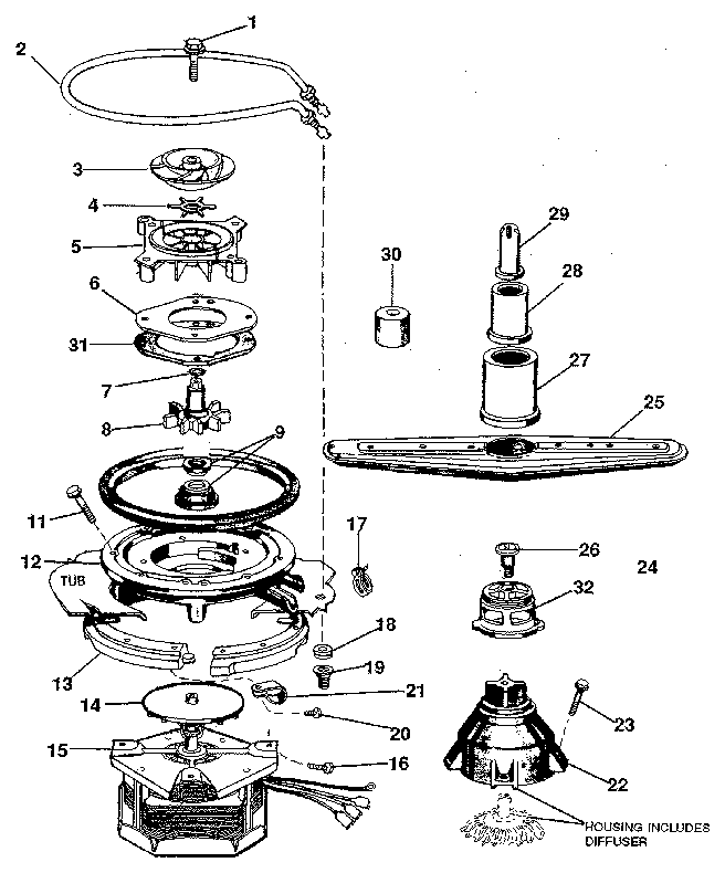Kenmore 5871710591 motor, heater & spray arm details diagram
