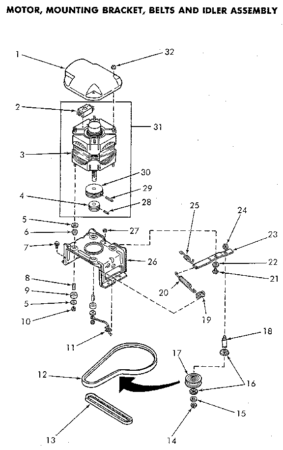 Speed Queen NA3812L33638 motor, belts and idler asem diagram