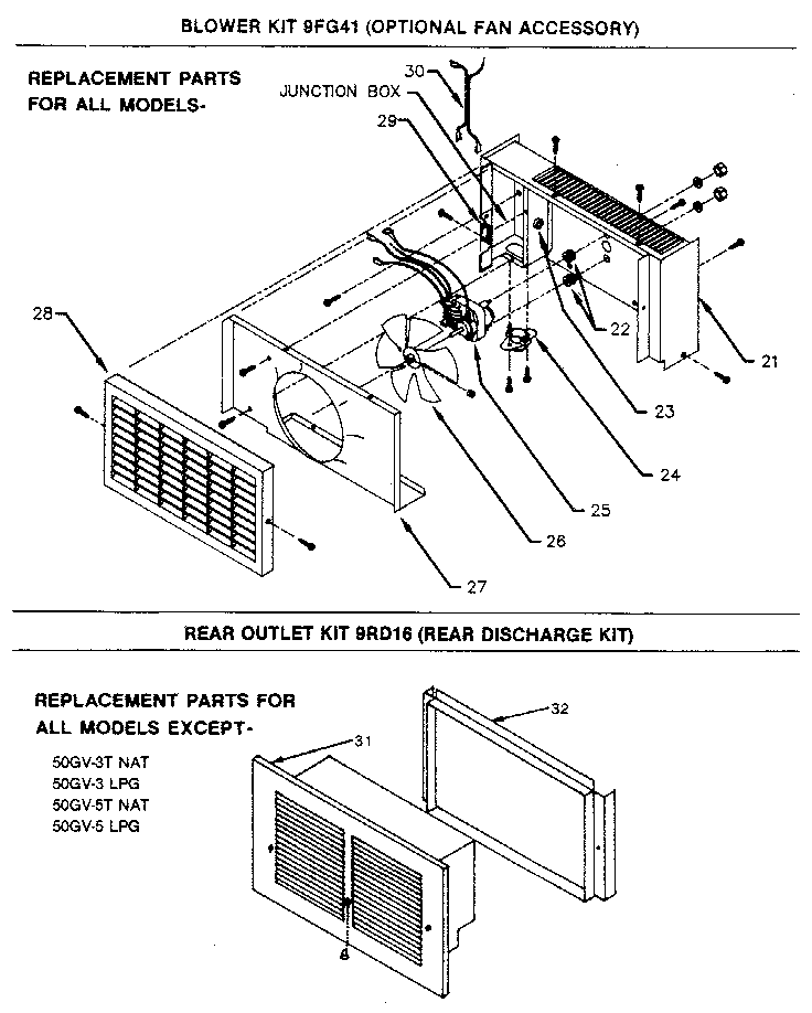 Williams 25GV-5T NAT blower and rear outlet kit replacement parts diagram