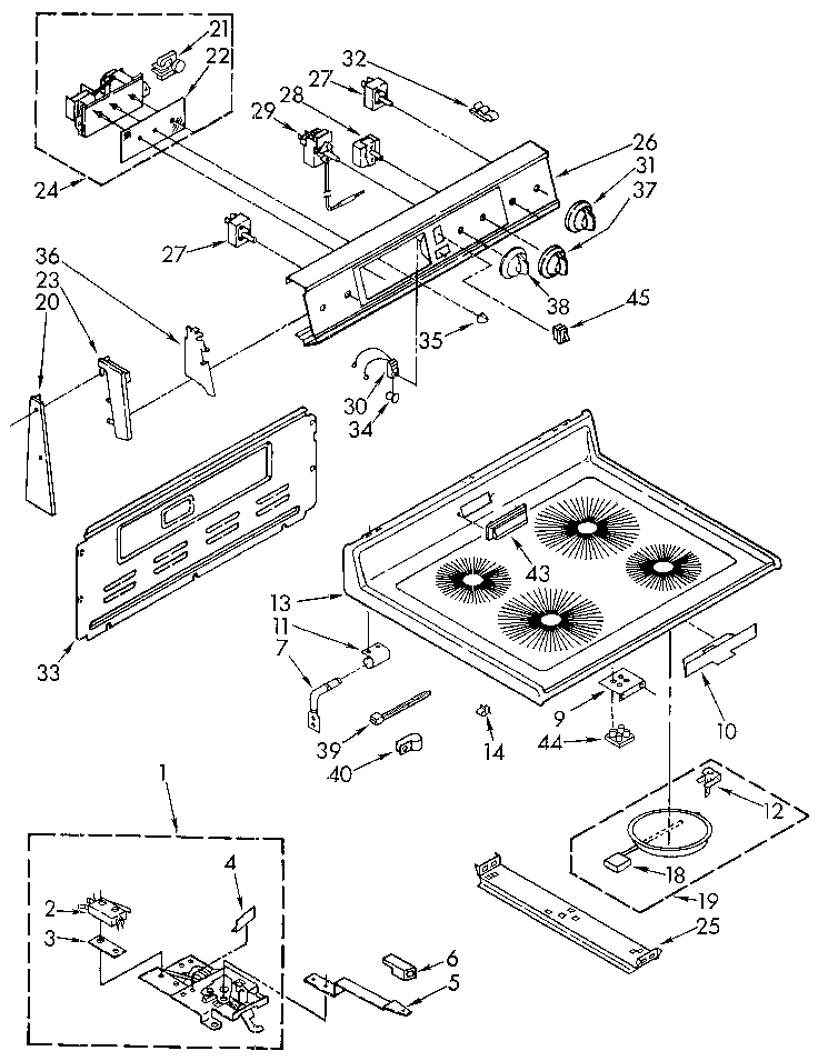 Whirlpool RF366PXXN0 cooktop and control diagram