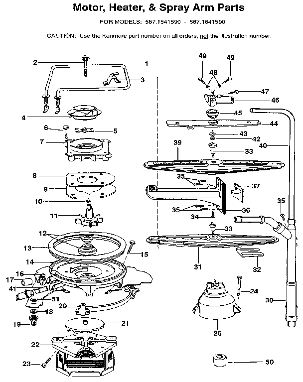 Kenmore 5871641590 motor, heater, & spray arm diagram
