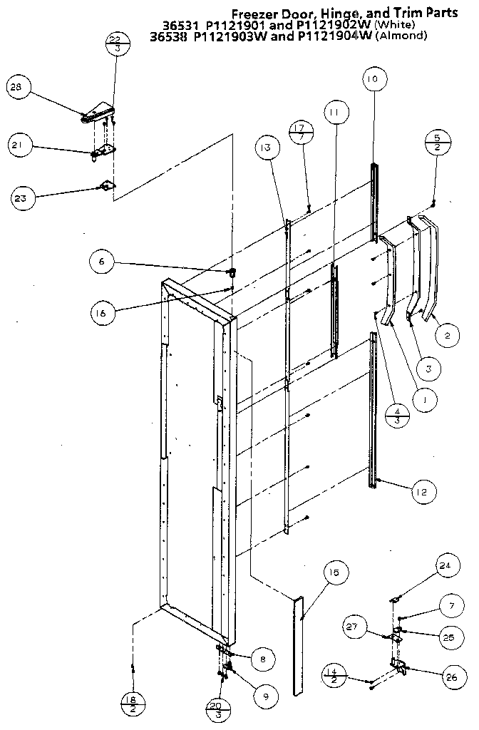 Amana 36538-P1121903W freezer door, hinge, and trim diagram