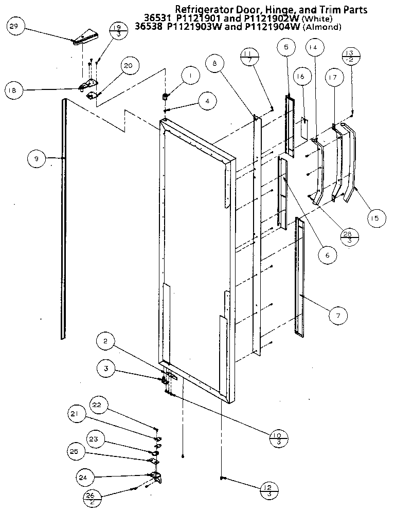 Amana 36538-P1121903W refrigerator door, hinge and trim diagram