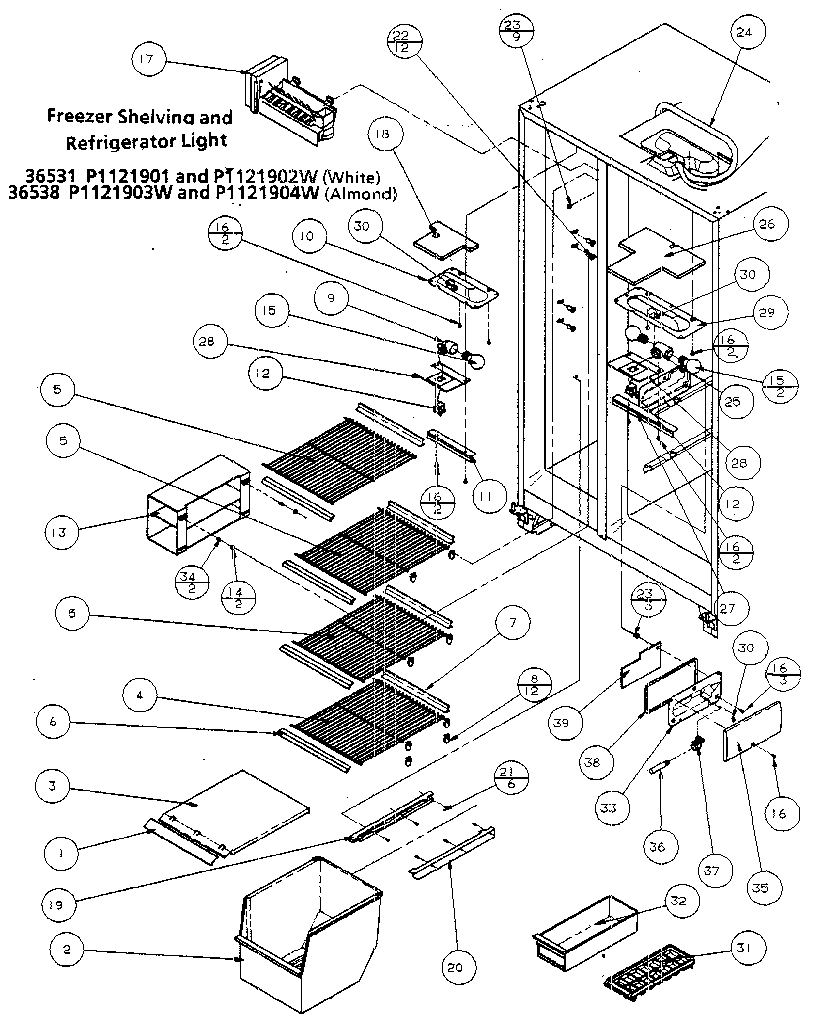 Amana 36538-P1121903W freezer shelving and refrigerator light diagram