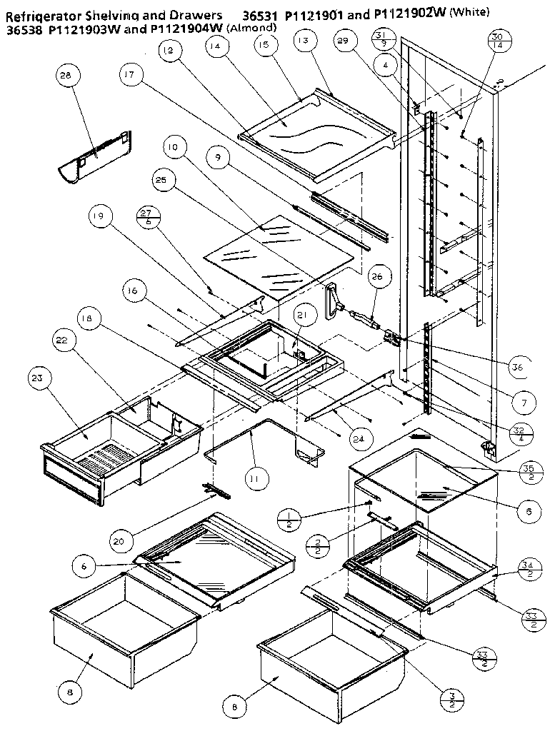 Amana 36538-P1121903W refrigerator shelving and drawers diagram