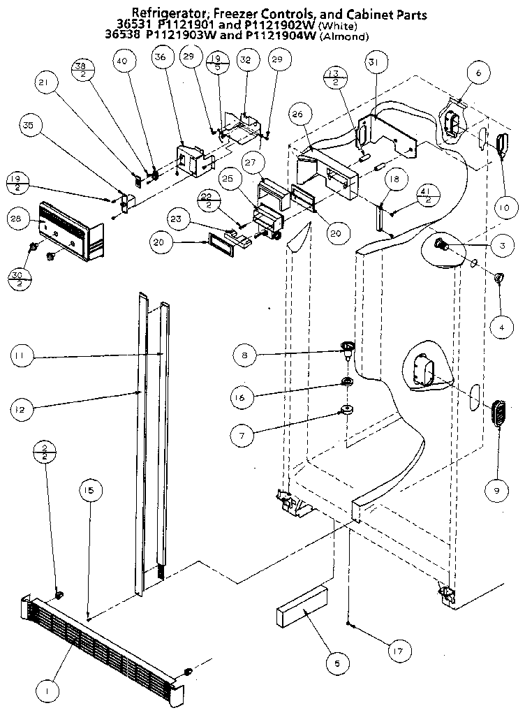 Amana 36538-P1121903W refrigerator, freezer controls, and cabinet diagram