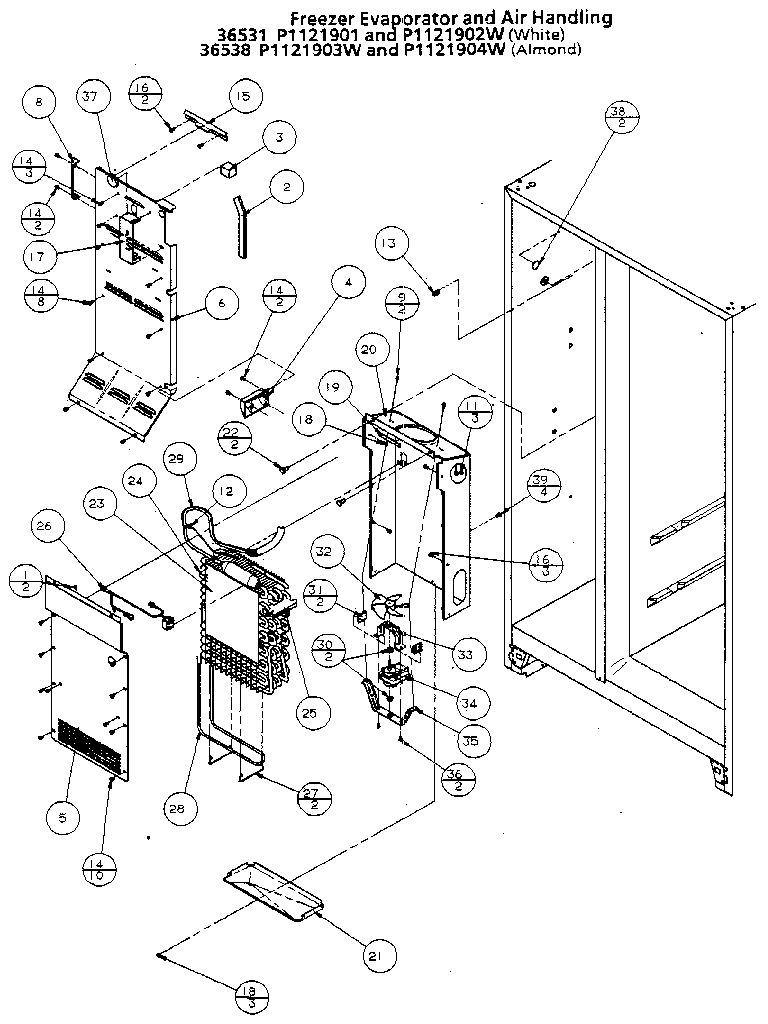 Amana 36538-P1121903W freezer evaporator and air handling diagram