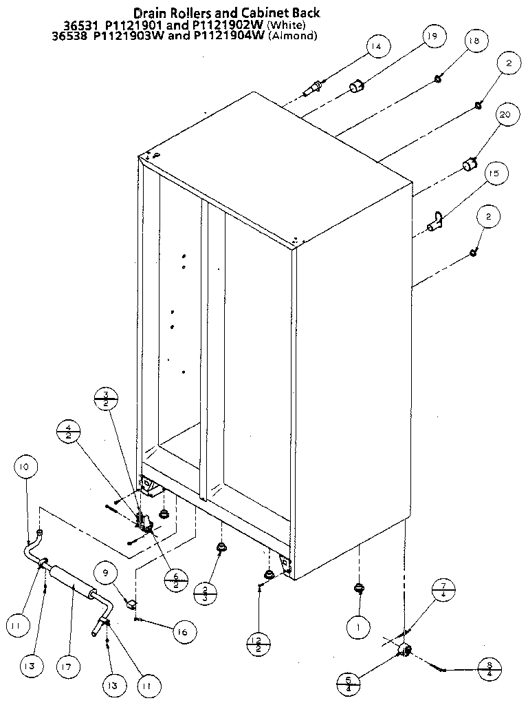 Amana 36538-P1121903W drain rollers and cabinet back diagram