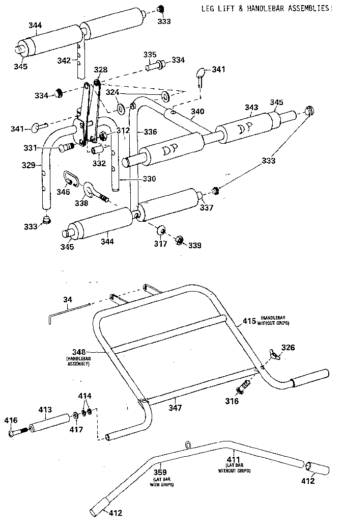 DP 15-3500 leg lift & handlebar assemblies diagram