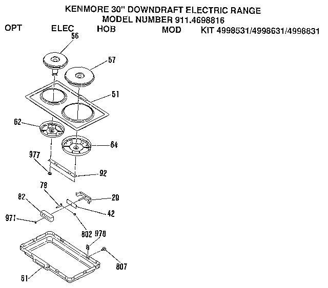 Kenmore 9114698818 opt elec hob mod kit 4998531/4998631/4998831 diagram