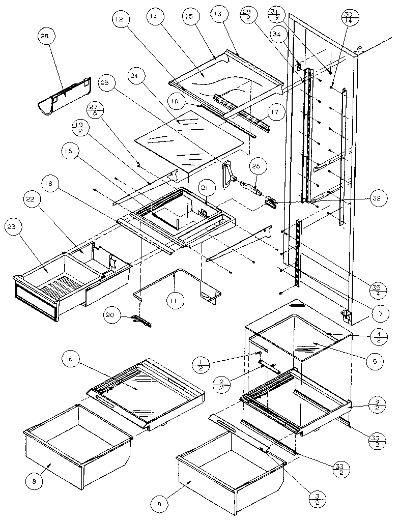 Amana 36511-P1121603W refrigerator shelving and drawers diagram