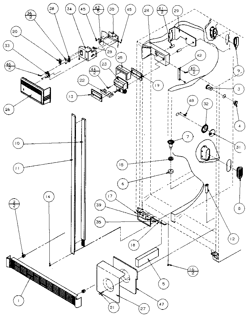 Amana 36511-P1121603W refrigerator/freezer controls and cabinet diagram