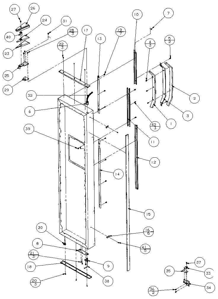 Amana 36795-P1152603W freezer door, hinge, and trim diagram
