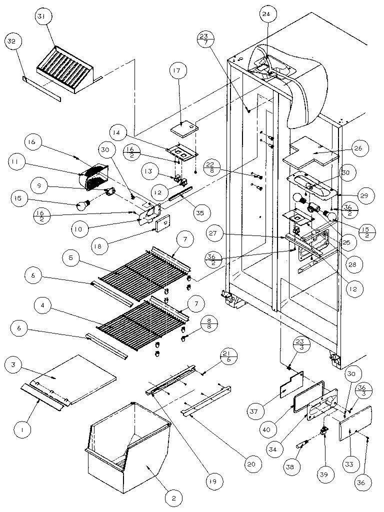Amana 36795-P1152603W freezer shelving and refrigerator light diagram