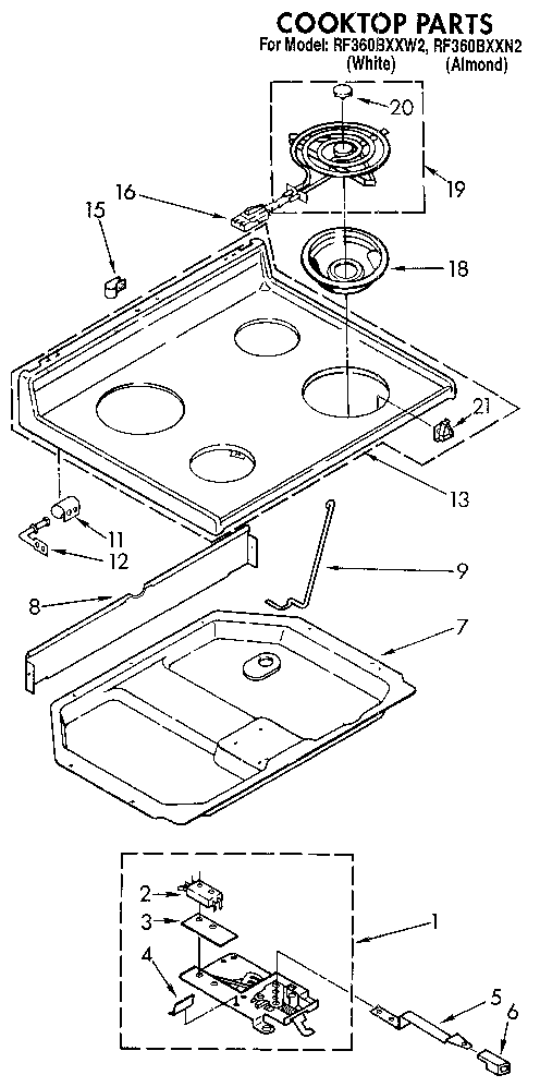 Whirlpool RF360BXXN2 cooktop diagram