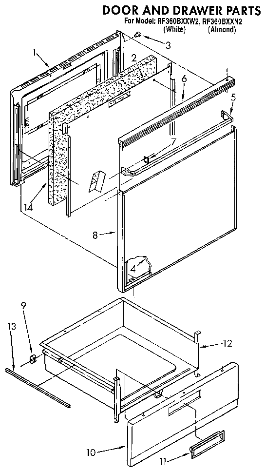 Whirlpool RF360BXXN2 door and drawer diagram