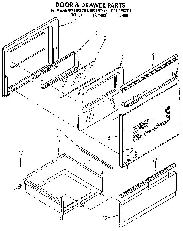Whirlpool RF315PXXN1 door & drawer diagram