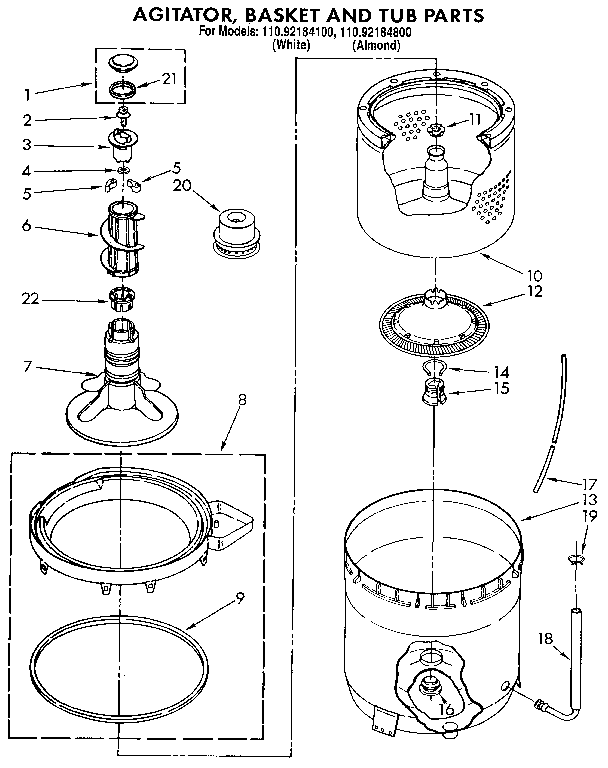 Kenmore 11092184800 agitator, basket and tub diagram