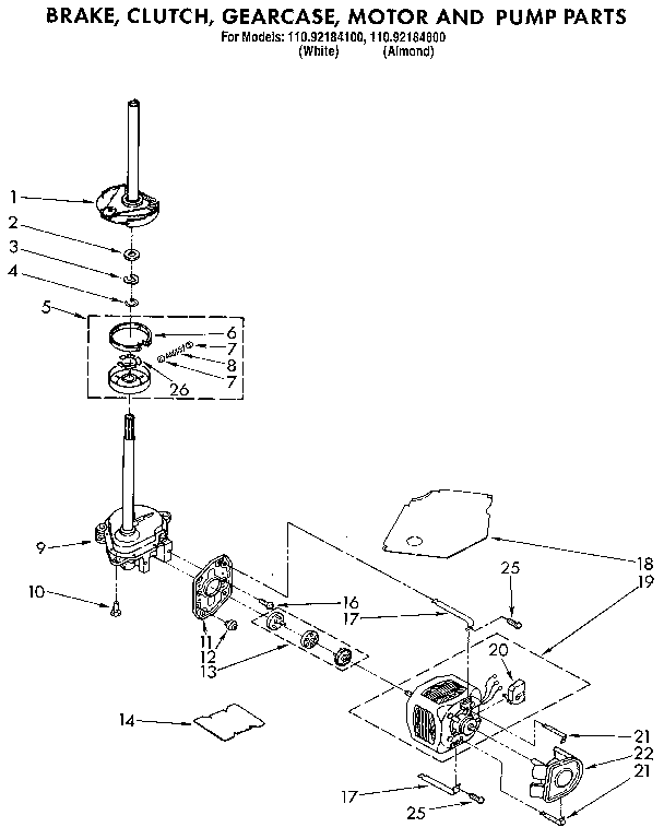 Kenmore 11092184800 brake, clutch, gearcase, motor and pump diagram
