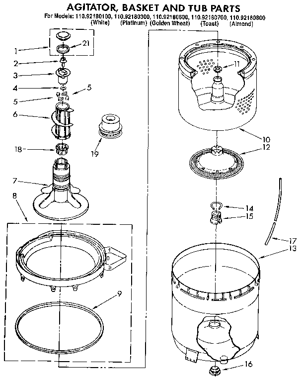 Kenmore 11092180700 agitator, basket and tub diagram