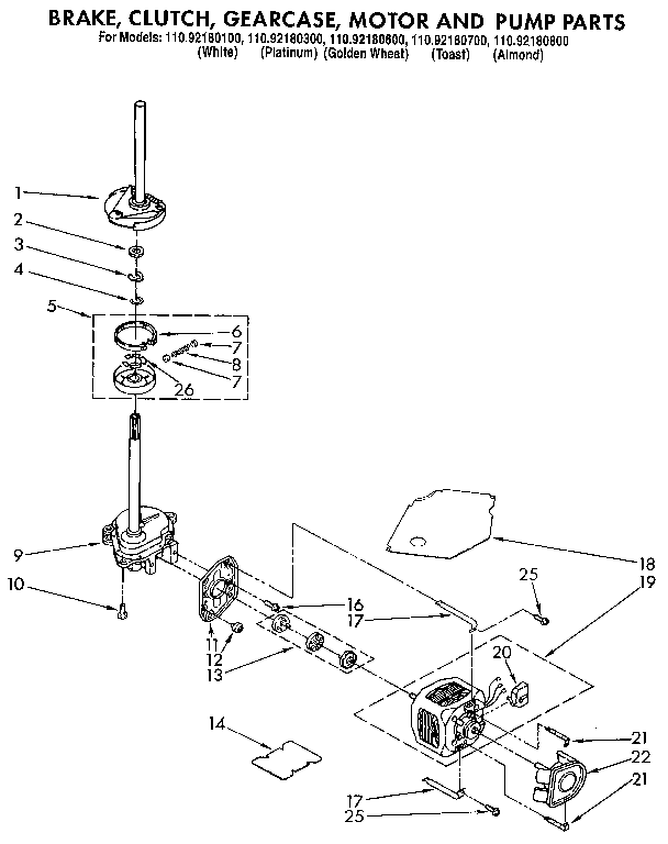 Kenmore 11092180700 brake, clutch, gearcase, motor and pump diagram