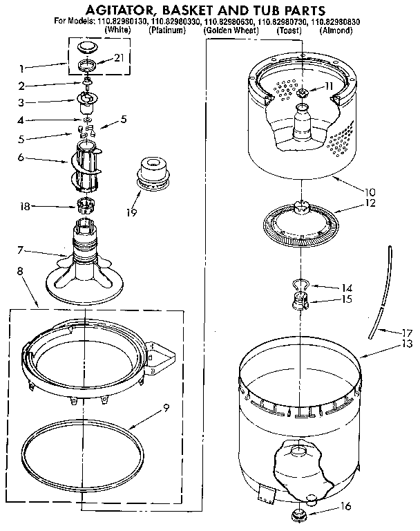 Kenmore 11082980330 agitator, basket and tub diagram