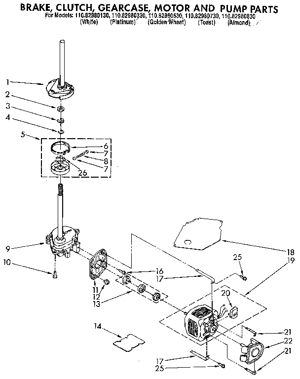 Kenmore 11082980330 brake, clutch, gearcase, motor and pump diagram