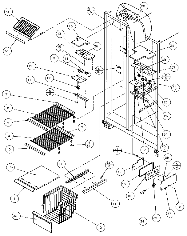 Amana 36048-P1122102W freezer shelving and refrigerator light diagram