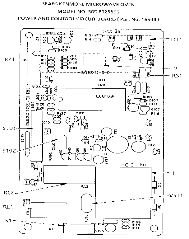 Kenmore 5658925590 power and control circuit board (part no. 15544) diagram