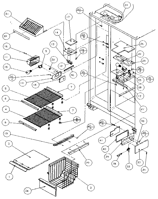 Amana 36541-P1121702W freezer shelving & refrigerator light diagram