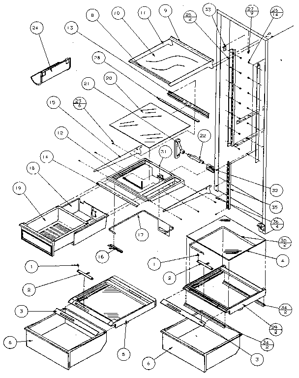 Amana 36541-P1121702W refrigerator shelving & drawers diagram