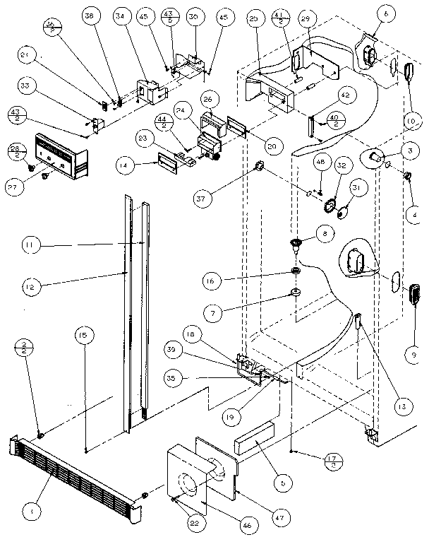 Amana 36541-P1121702W refrigerator, freezer controls & cabinet diagram