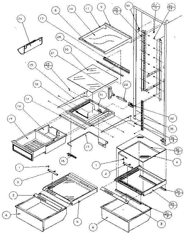 Amana 36548-P1121703W refrigerator shelving & drawers diagram