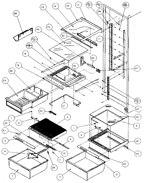 Amana 36058-P1122004W refrigerator shelving and drawers diagram