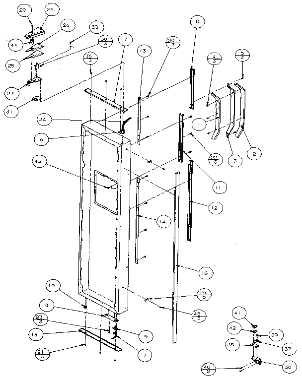 Amana 36761-P1135801W freezer door, hinge, and trim diagram