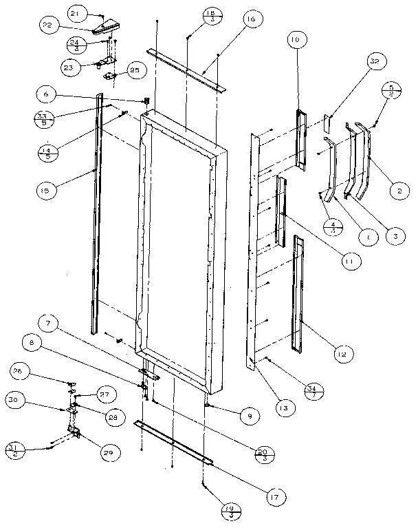 Amana 36761-P1135801W refrigerator door, hinge & trim diagram