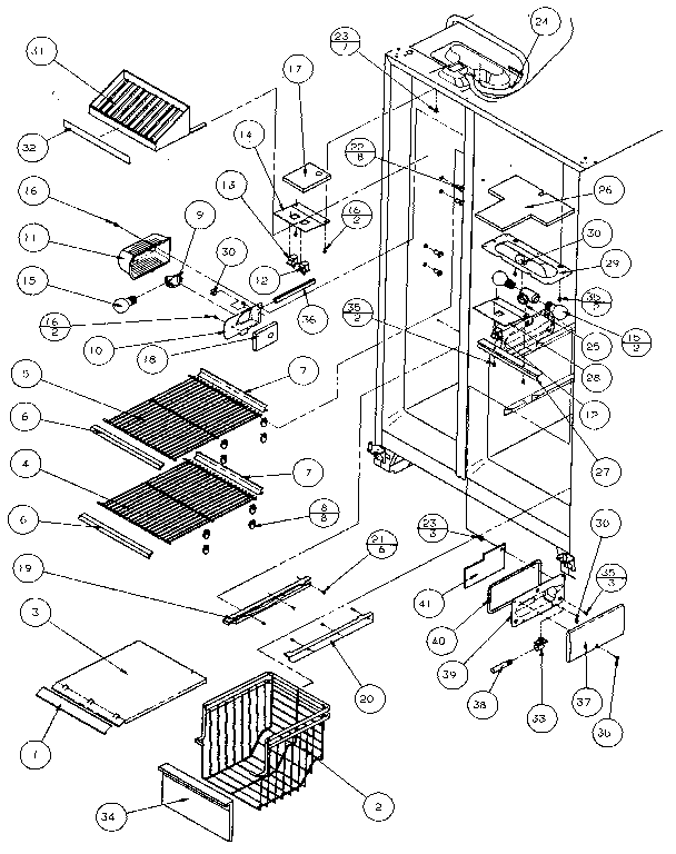 Amana 36761-P1135801W freezer shelving & refrigerator light diagram